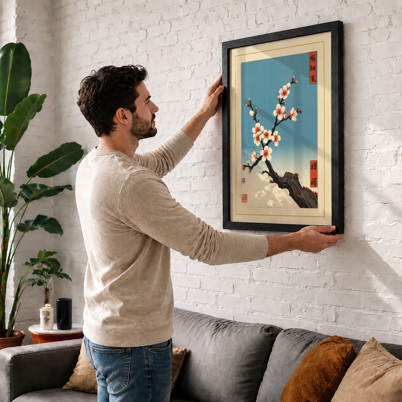 Spring Blossoms on Aged Branch Japandi - Framed Print, A2 - 59.4 x 42.0 cm, Walnut