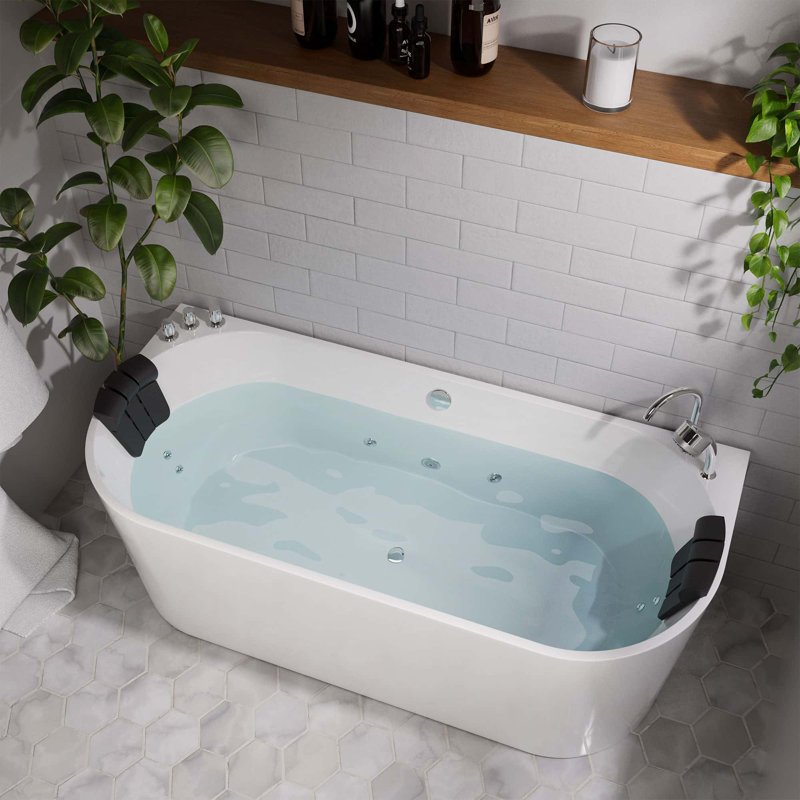 59'' White Acrylic Freestanding Whirlpool Bathtub with Faucet