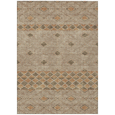 9' X 12' Brown And Beige Geometric Washable Indoor Outdoor Area Rug