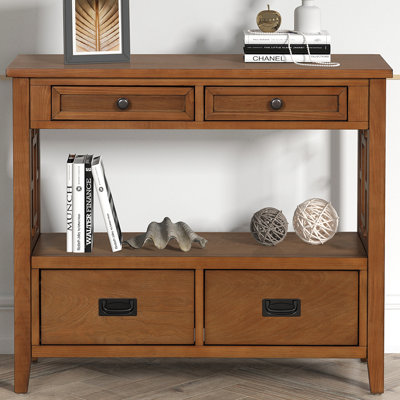 Console de 36 po avec 4 tiroirs et tablette de rangement, table d'entrée en bois avec poignées mixtes pour le salon, brun