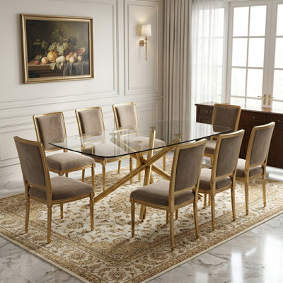 Modern 71" Rectangular Tempered Glass Dining Table with Gold X-Shape Metal Legs, Seats 6-8