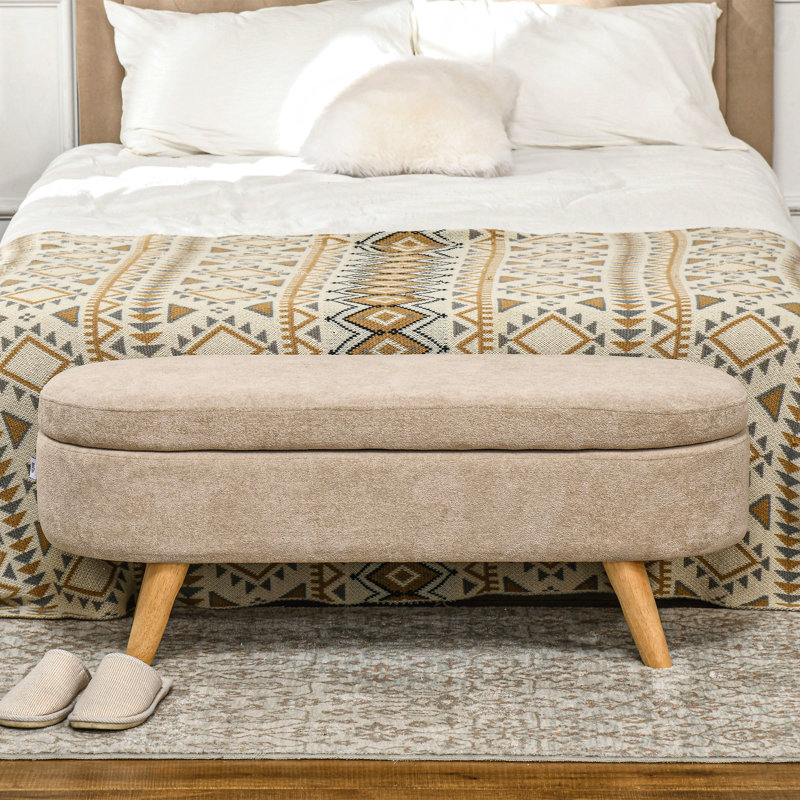 43.3" Ottoman Bench - Teddy Fleece Upholstered Padded Seat, Wood Legs, Oval Modern Design, With Storage Function, End Of Bed Use