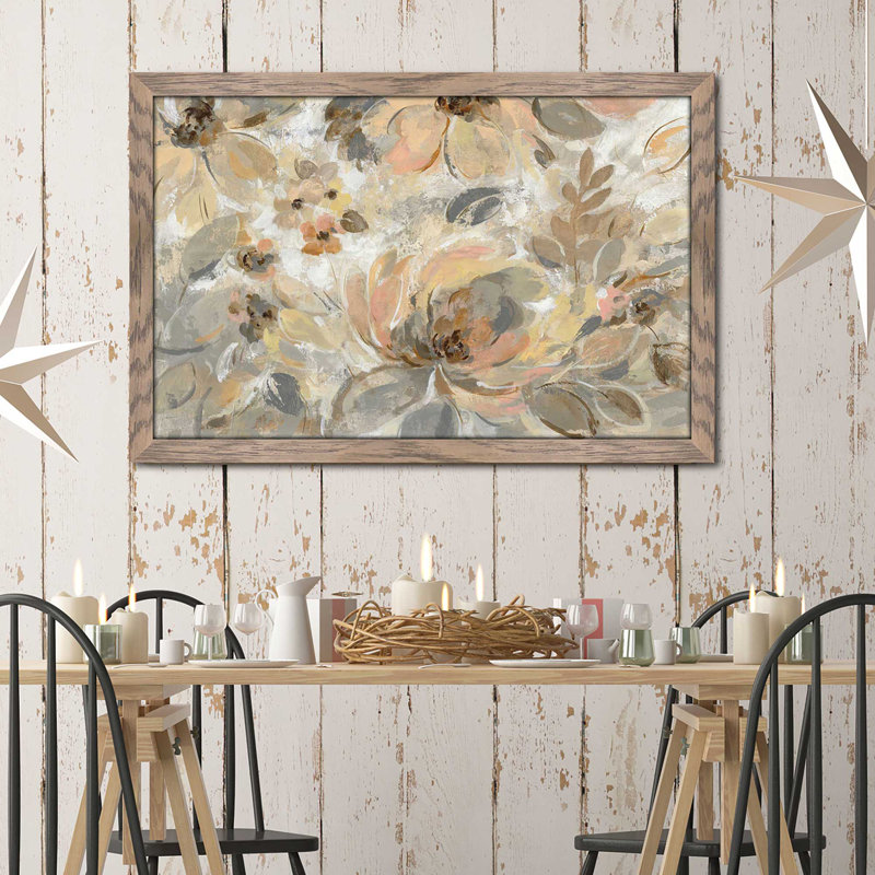 Ivoire floral - peinture, Cadre taupe délavé, H 33,5 po x l 49,5 po x P 1 po