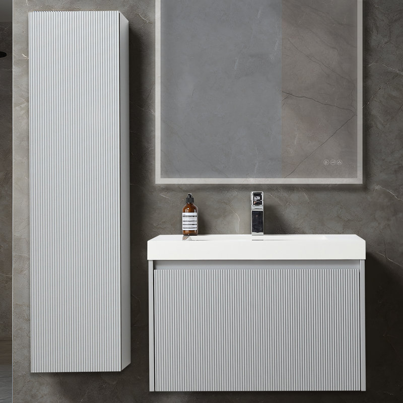 Meuble-lavabo mural 30 po avec lavabo en acrylique et armoire latérale Ledell - façade cannelée, tiroirs à fermeture en douceur Ledell