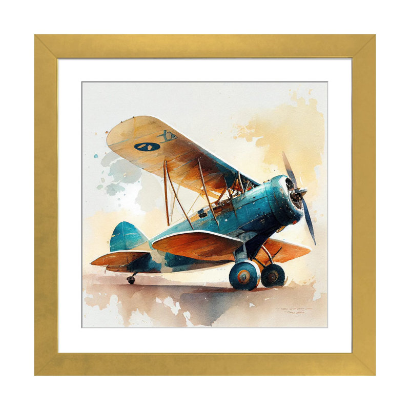 Aquarelle, avion rétro I, Papier doré avec cadre d'angle ouvert, H 16 po x l 16 po x P 1 po