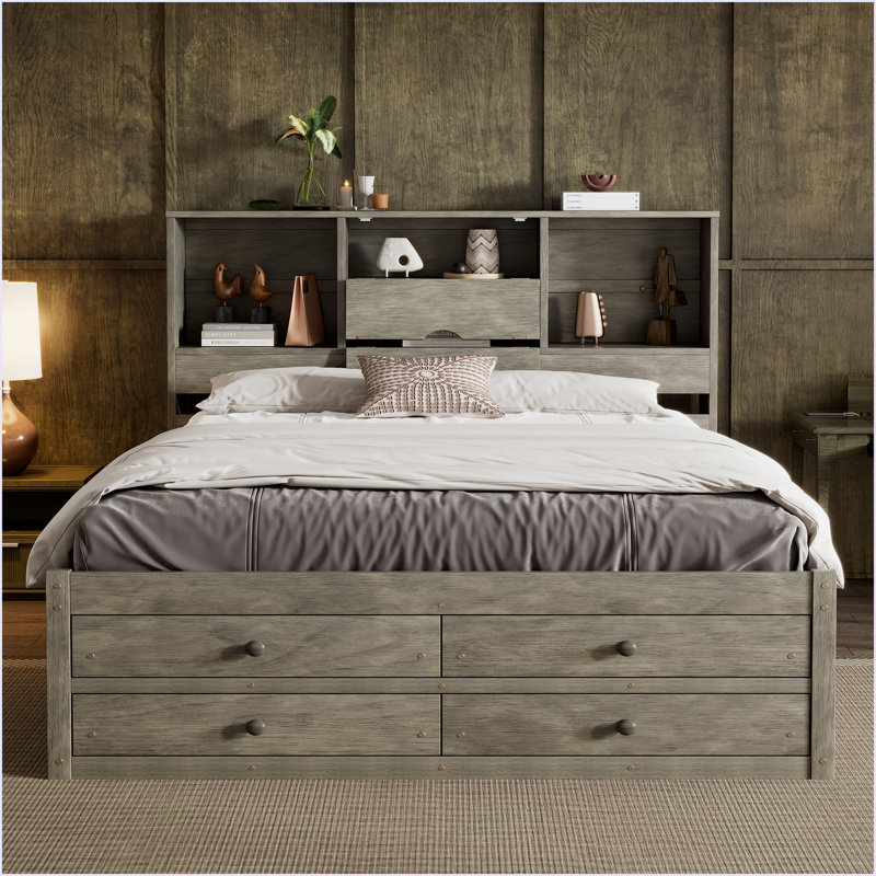 Lit plateforme avec tête de lit avec rangement et 8 tiroirs, Gris, Grand lit