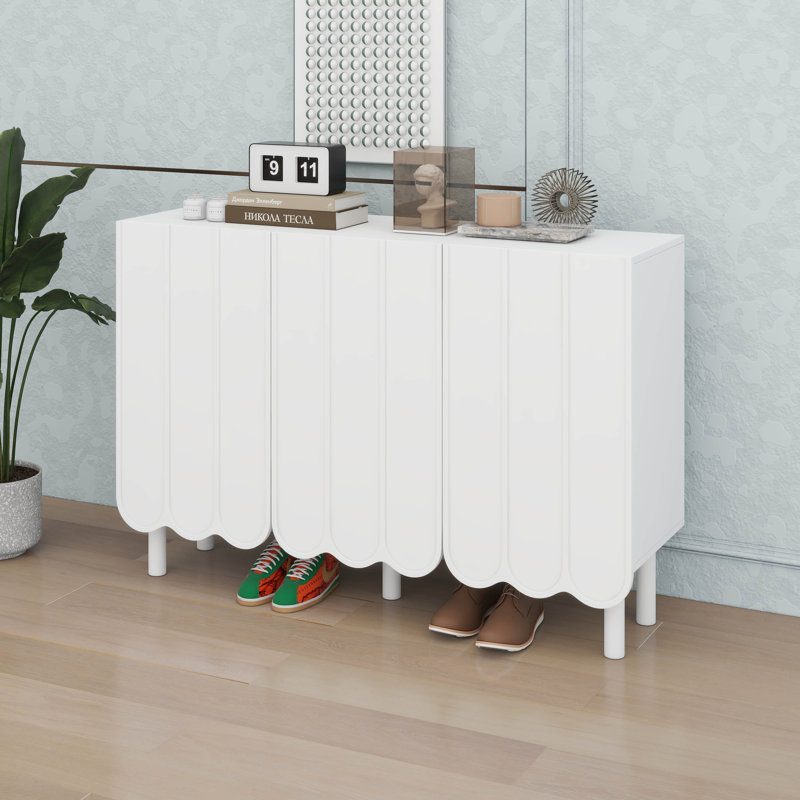 Armoire à chaussures minimaliste avec tablettes réglables, grande armoire de rangement avec portes ondulées, Blanc