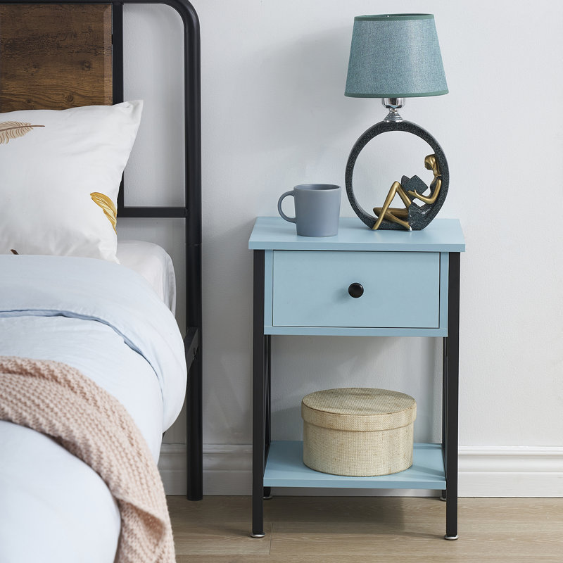Alameen Nightstand Wood Bedside Table Small Nightstand with Drawer and Shelf for Bedroom, Living Room, Dorm, Light Blue