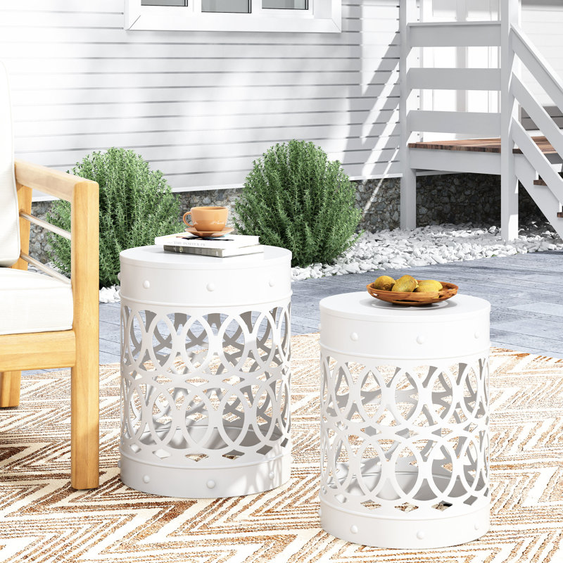Outdoor Metal End Table Pair S/2, Modern Style, White Powder-Coated Iron, Iron Cut Design, No Assembly, 13.62W X 13.62D 17.88H & 12.00W 12.00D 16.00H Frame,