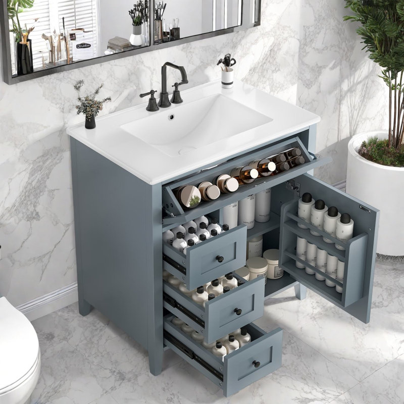 Meuble-lavabo moderne (avec meuble-lavabo et lavabo), rangement en panneau de fibres à densité moyenne