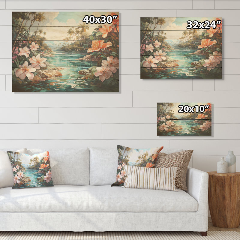 Palmier, charme côtier - fleurs, art mural sur bois de pin naturel, H 24 po x l 32 po