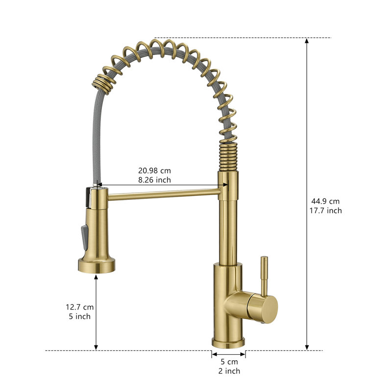 Robinet de cuisine moderne en or brossé avec douchette rétractable, remplissage en céramique, douchette classique en acier inoxydable, acier, poignée simple, tuyau flexible