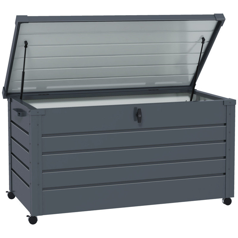 311L Galvanised Steel Garden Storage Box with Lock – 120cm Wide Dark Grey Outdoor Deck Box, 4 Wheels with Brakes & Air Pump Lid for Patio Cushions & T
