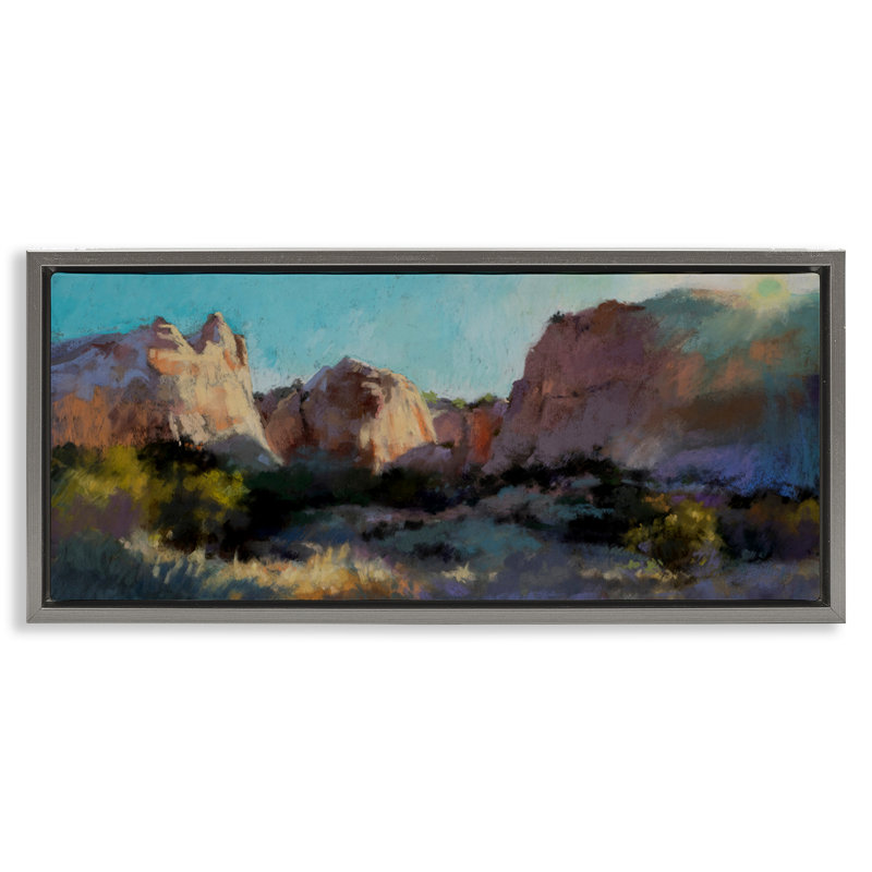  Art mural sur toile flottant, "Desert Cliff Valley" par Christine Debrosky, H 14 po x l 31 po, Cadre flottant gris lustré