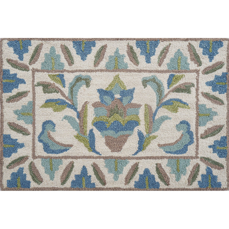 Lugano Hand-Tufted Wool Loop Pile Indoor Rug Traditional Bordered Cream Blue Green, Rectangle 2' x 3'