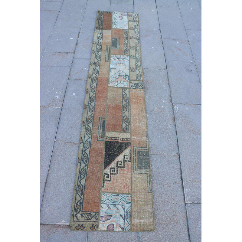 Vintage Turkish Anatolian Patchwork Runner Rug for Hallway - Vibrant Orange Oushak Design