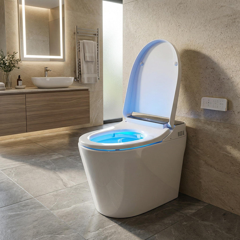 Toilette intelligente conforme ADA - réservoir intégré, ouverture / fermeture automatique, siège chauffant, séchoir à air chaud, capteur de pied, télécommande - blanc