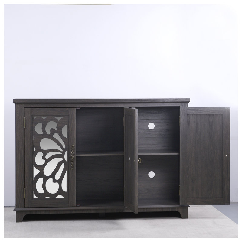 Buffet moderne brun foncé avec portes en miroir et tablettes réglables - Armoire de rangement de 49 po pour le salon, la salle à manger