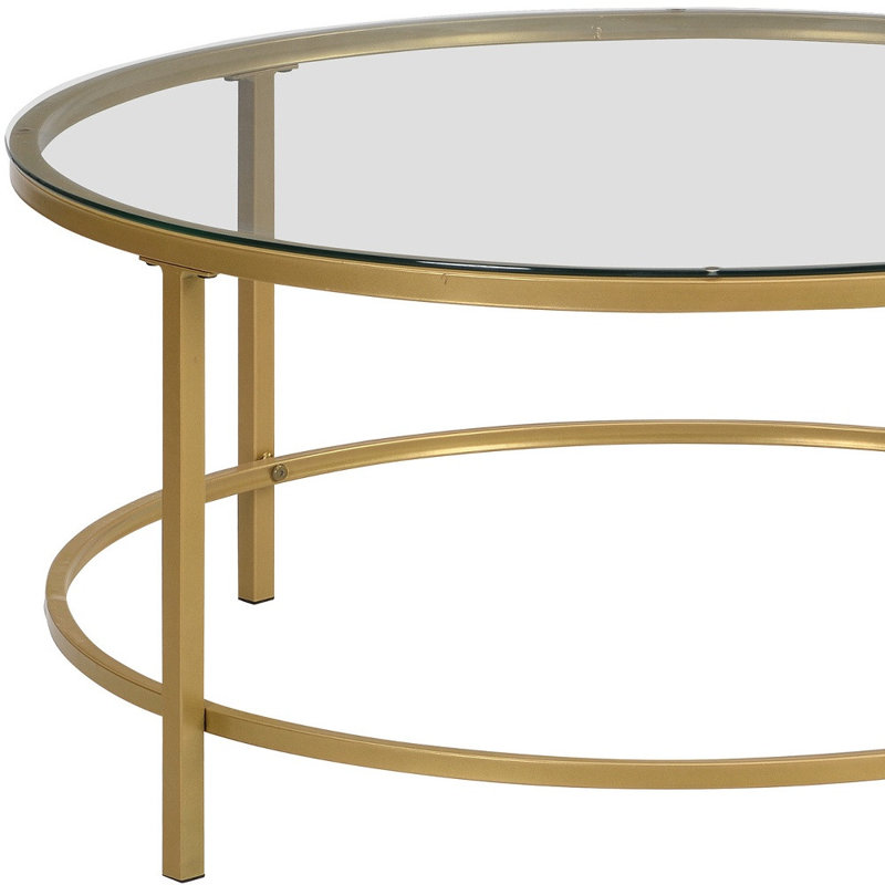 Gracie Mills 36" Gold And Clear Glass Round Coffee Table – Modern Glass Top Metal