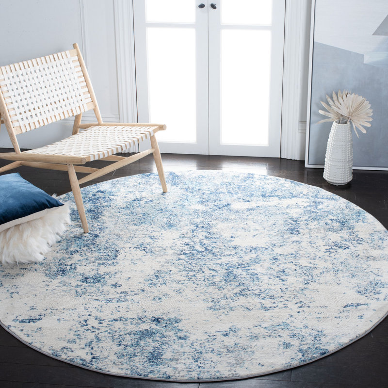 Tapis abstrait gris clair / bleu N'Keal, Rond 5 pi, Navy/Ivory