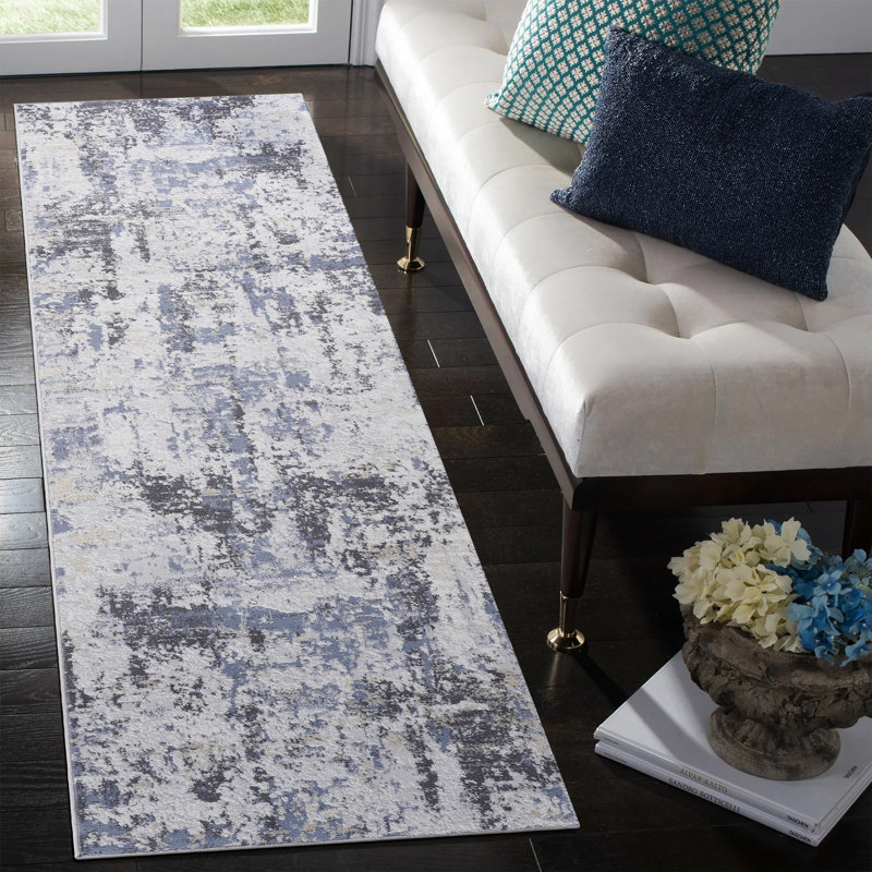Tapis de couloir gris / denim / abstrait 2X8, Rectangle 8 pi x 2 pi 2 po