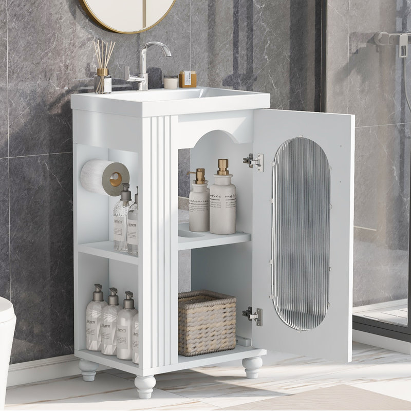 20" Bathroom Vanity with Sink, Bathroom Vanity Cabinet with Two-tier Shelf, Adjustable Shelf, Solid Wood and MDF, White