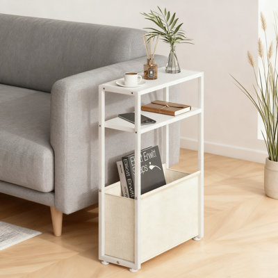 Slim Side Table With Storage Basket, Narrow End Table For Small Spaces, Thin Bedside Table For Living Room And Bedroom, Space-Saving Design With Easy Assembly