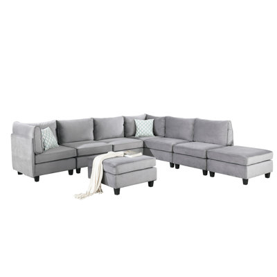 Canapé modulaire en velours gris 8 pièces, 120 po, avec 2 fauteuils d'angle, 4 repose-pieds sans accoudoirs, siège rembourré en mousse