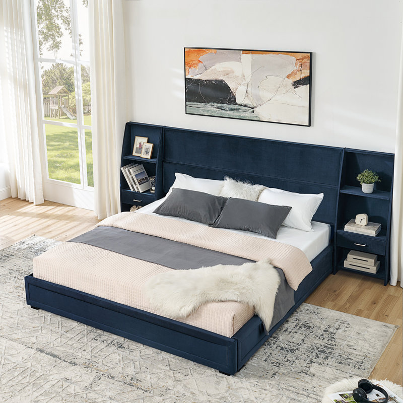 King Size Modern Storage Platform Bed Frame, Glossy Headboard with Side Bookcases & Drawer, Mattress Excluded