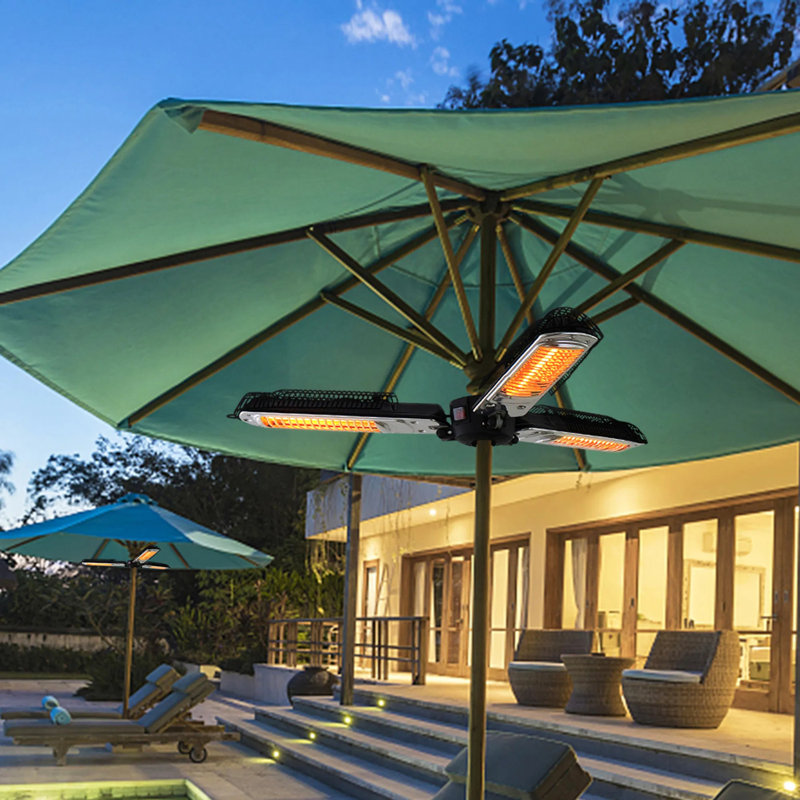 Chauffe-terrasse électrique pliable - noir et argent avec parasol chauffant avec 3 panneaux