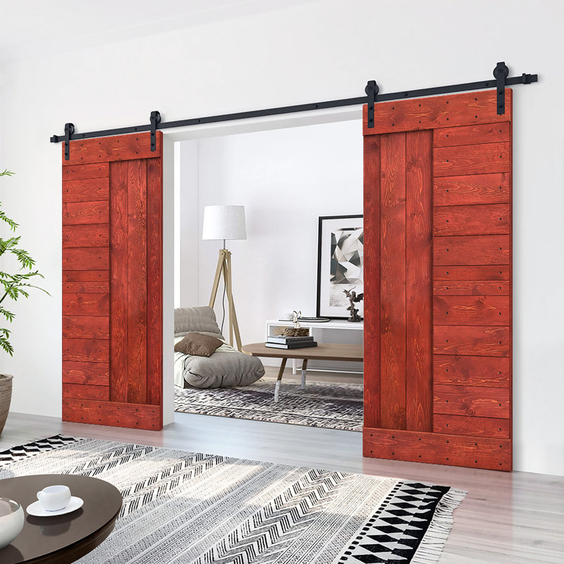 Porte de grange à panneaux et en bois avec quincaillerie d'installation, 76 po x 84 po, Rouge cerise