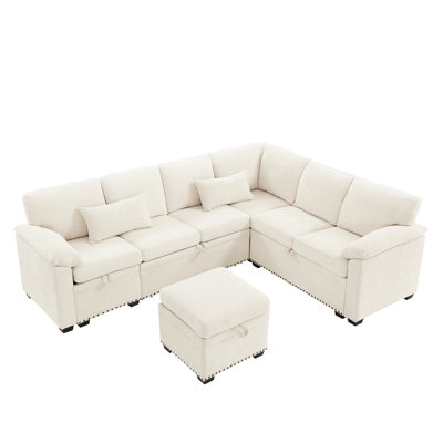 L-Shaped Chenille Sectional With 7 Capacity, Storage, Beige , 97 Inch Living Couch 7 Seats, For