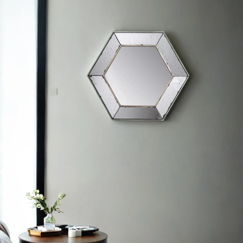 Miroir mural hexagonal 21 "x 18" avec finition argentée traditionnelle, miroir décoratif pour le salon, l'entrée, la chambre à coucher