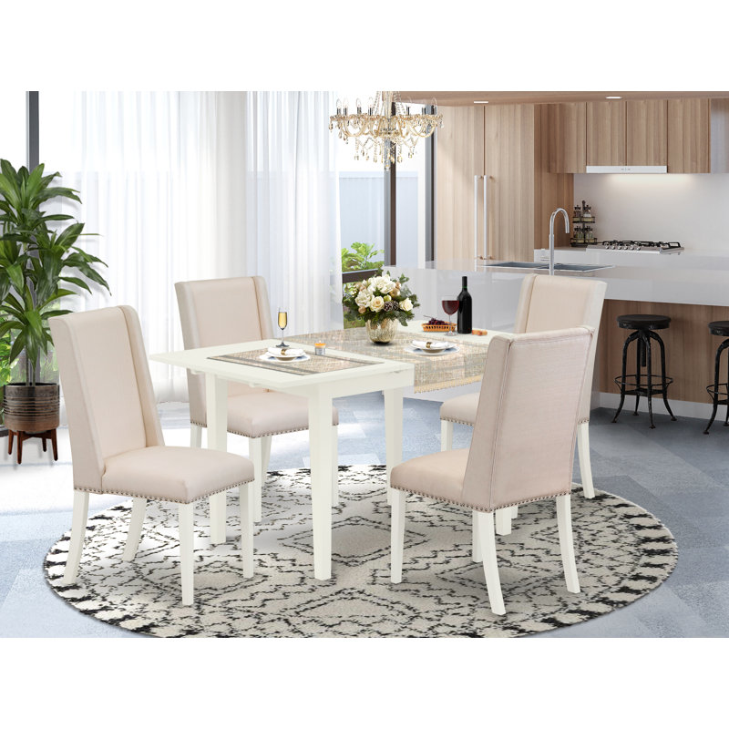 Ensemble de table de salle à manger 5 pièces moderne comprenant une table rectangulaire en bois avec feuille papillon et 4 chaises rembourrées en tissu crème, lin blanc
