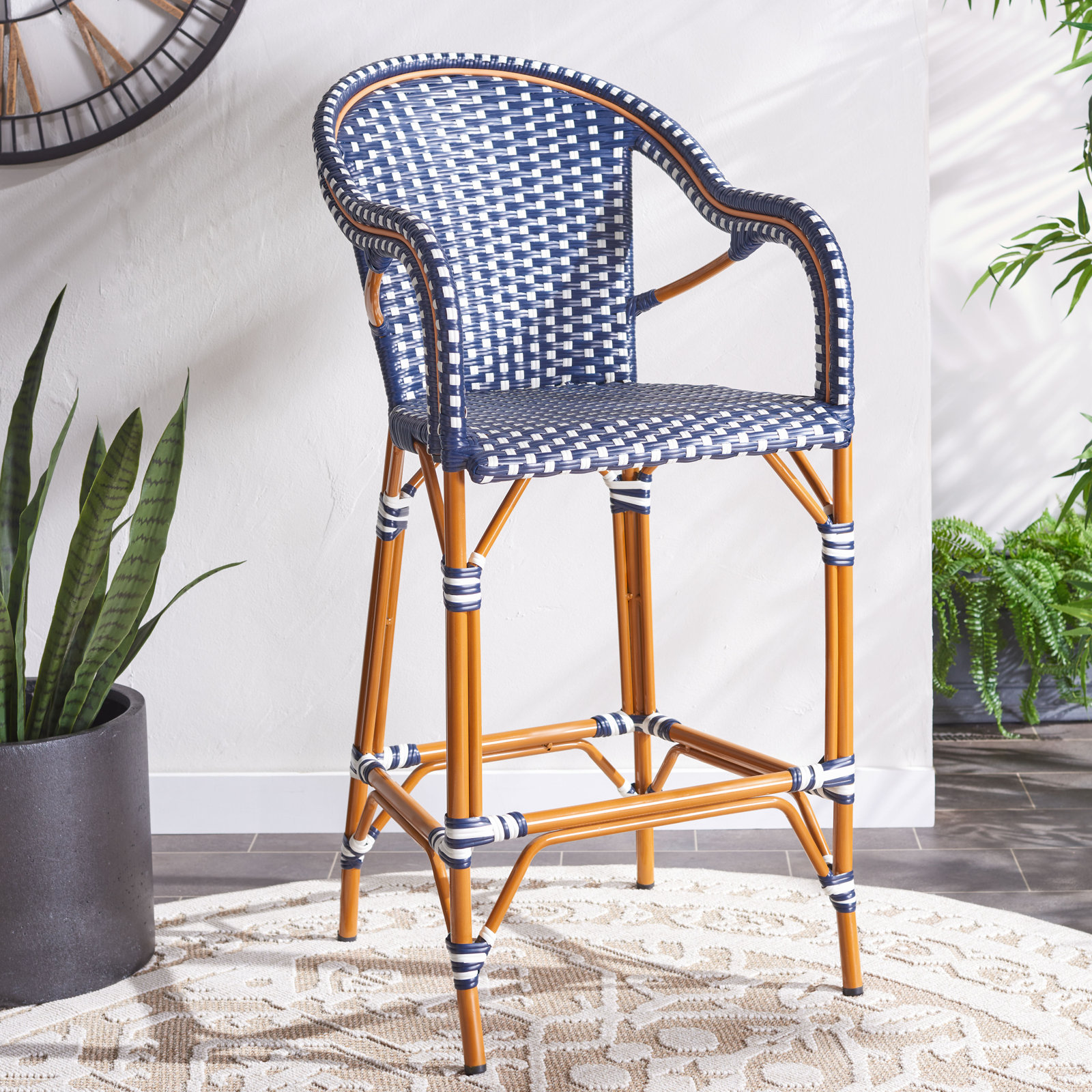 Popplewell 46.5'' Aluminum Outdoor Bar Stool, Navy/White, 29.5" H x 22.5" W x 25.5" D