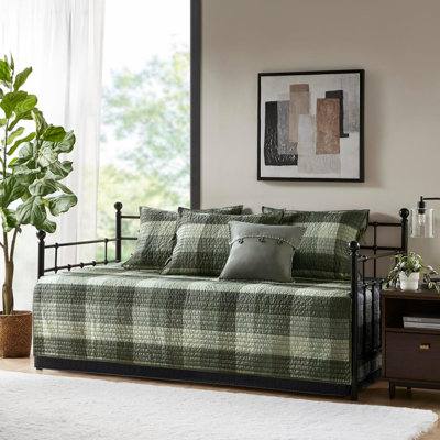 Ridge Daybed Cover Set - Cabin Lodge Plaid Herringbone Print Reversible Design, All Season Luxury Bedding With Bedskirt, Matching Shams, Decorative Pillow, 39"X75", Grey 6 Piece