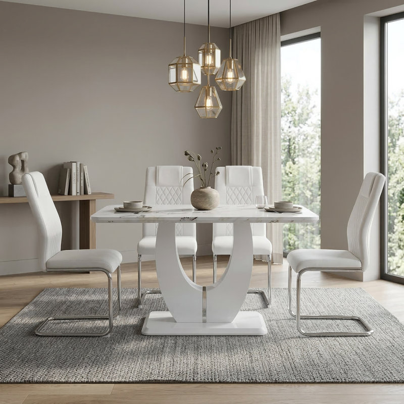 Ensemble de salle à manger à piédestal moderne Jeanlouis, 5 pièces: table, 4 chaises, Blanc, Silver