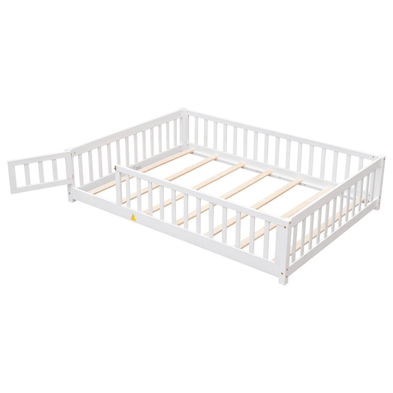 Finka Kids Floor Platforms Bed With Fence and Door, Full, White