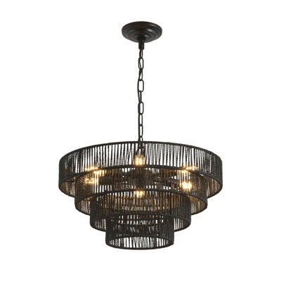 Lustre rustique en corde de chanvre noir à 4 niveaux avec 6 douilles E12
