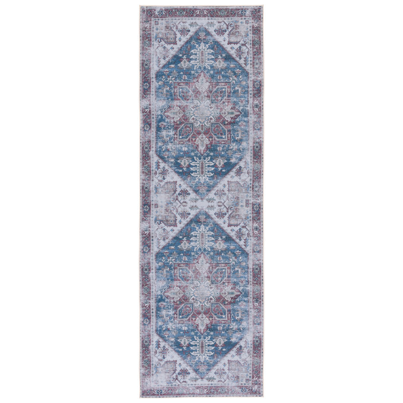 Tucson Florentine Machine Washable Non-Slip Area Rug , Navy Blue/Red, Runner 76 x 244 cm