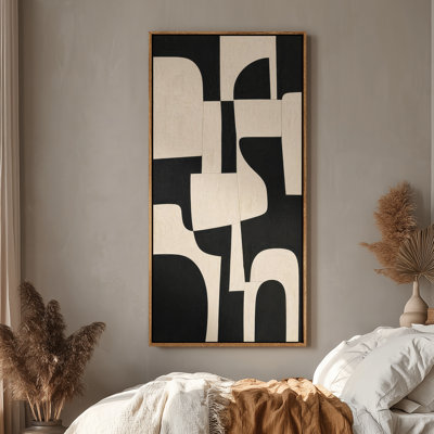 Large Framed Canvas Wall Art - Black White Geometric Abstract Minimal Decor - 60"x20", 60"x30"