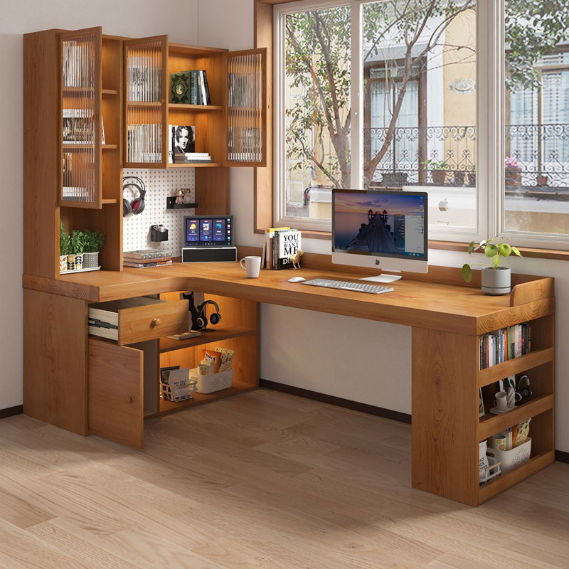 Bureau d'écriture brun en L en bois massif avec 1 tiroir, Retour à gauche, H 72,83 po x l 86,61 po x P 47,24 po