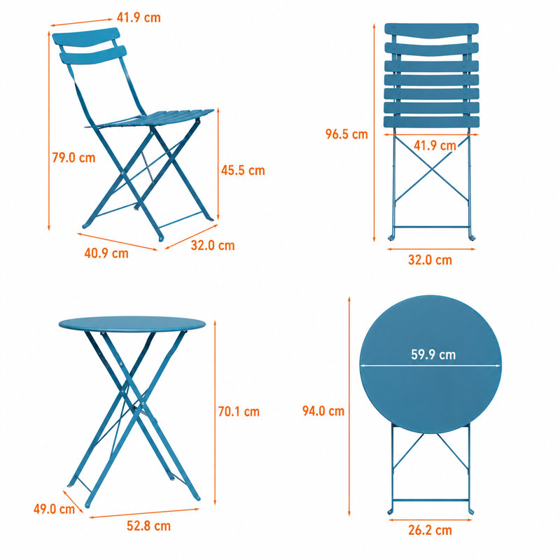 No-Assembly Folding Patio Bistro Set for 2, 3-Piece Steel Table & 2 Chairs - Space-Saving - Powder-Coated Mark & Rust-Resistant - Solid Steel Top - Balcony/Porch/Garden