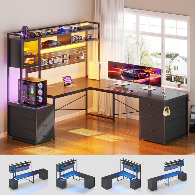 Hagin 67'' W L Shaped Desk, Computer Desk with File Drawer, Black