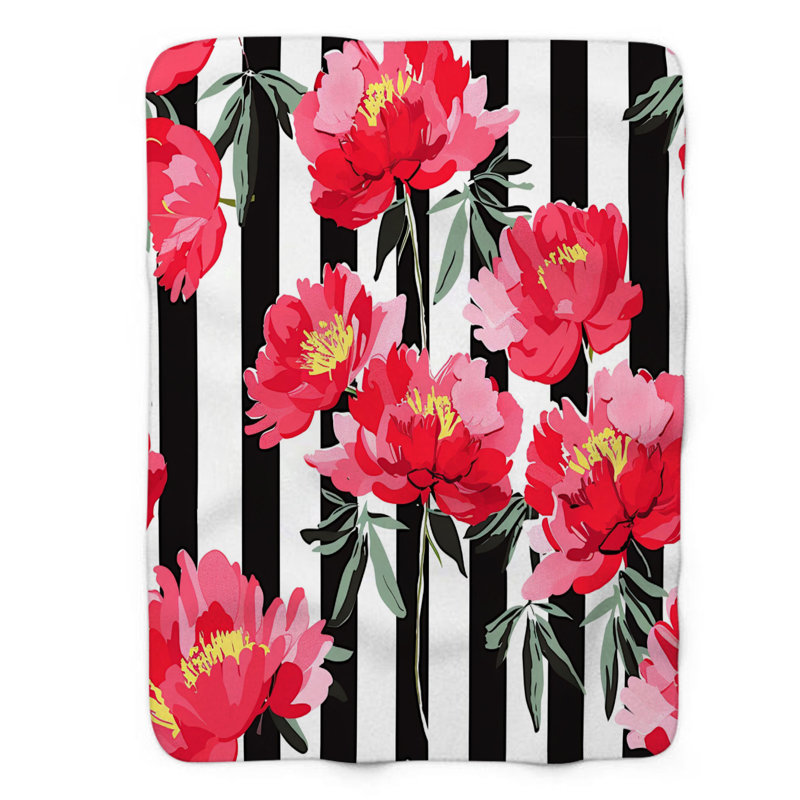 Pivoine et rayures - couverture Sherpa de qualité supérieure 1 pièce, Grand lit