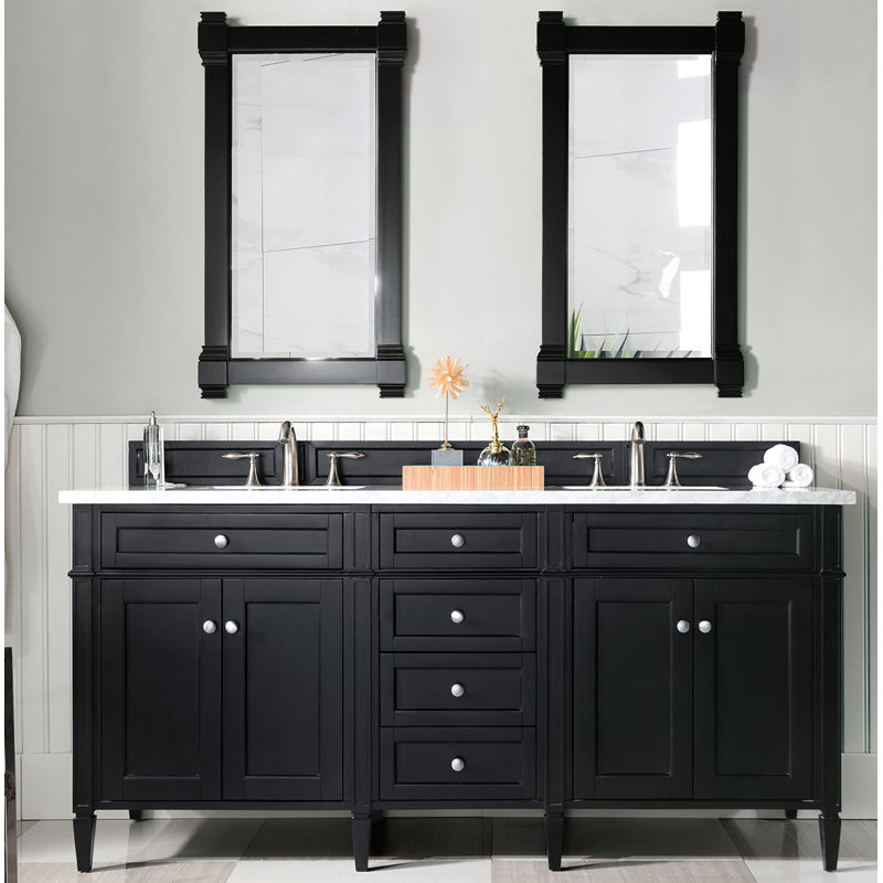 Brittany 72" W Double Vanity, 8" Widespread, Carrara White, Black Onyx