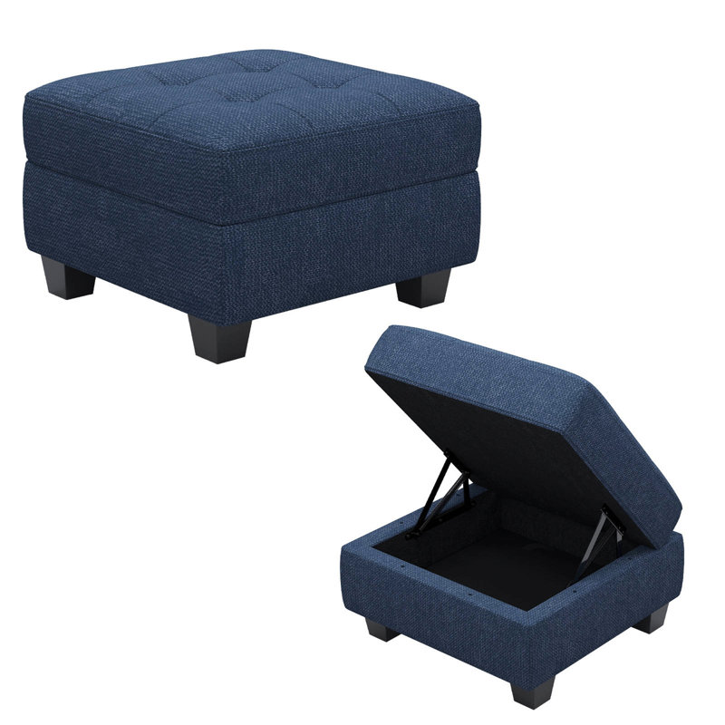 Repose-pieds rembourré en lin et velours Buckleton, Lin bleu