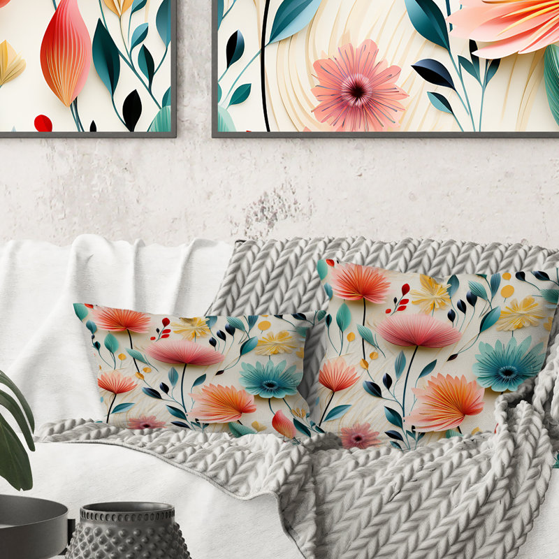 Composition de fleurs de couleur pastel botanique - Coussin Abstrait corail multicolore abstrait - Coussin, H 18 po x l 18 po