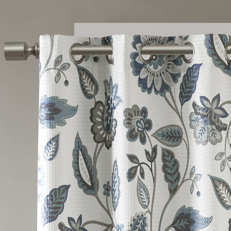 Aqua Floral Jacquard Room Darkening Grommet Curtains