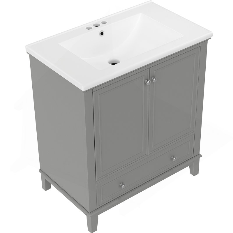 Meuble-lavabo 30 po avec lavabo, armoire de salle de bain multifonctionnelle avec portes et tiroir, cadre solide et panneau de fibres à densité moyenne, gris